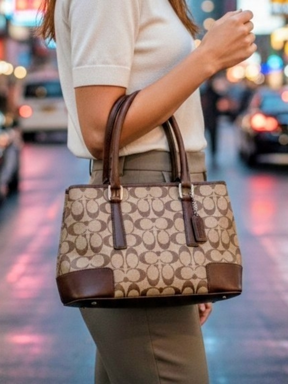 Coach Signature Brown Canvas And Leather Handle Tote